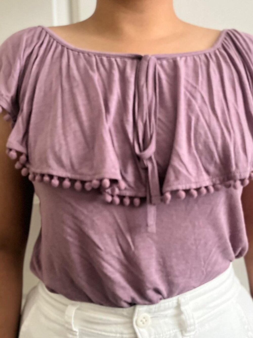 Linen-Blend Lilac Purple Ruffled Top - Picture 2 of 6